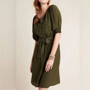 ANTHROPOLOGIE Nicole Linen Blend Puff Sleeve Shirt Dress, Olive Green, Small